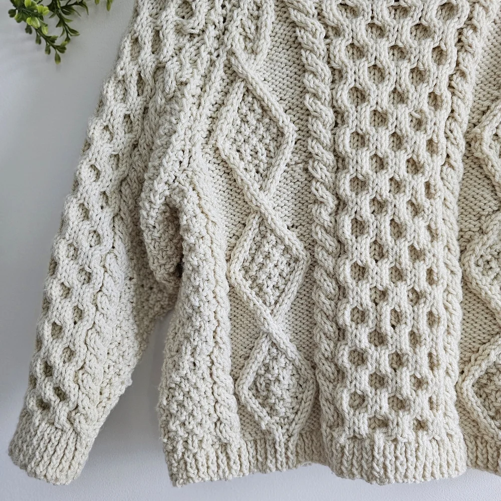 Vintage Hand Knit Cream Chunky Cardigan  Sweater Jacket Children Size Large